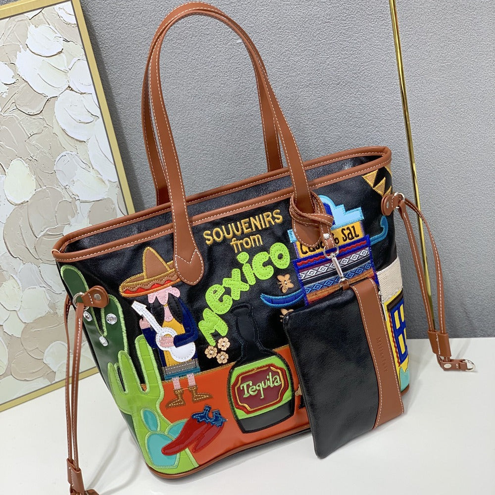 Chh Chrome Heart Leather Bag Splicing Embroidered Shoulder Bag