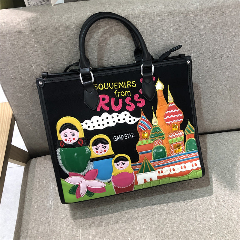 Chh Chrome Heart Leather Bag Splicing Embroidered Tote Bag