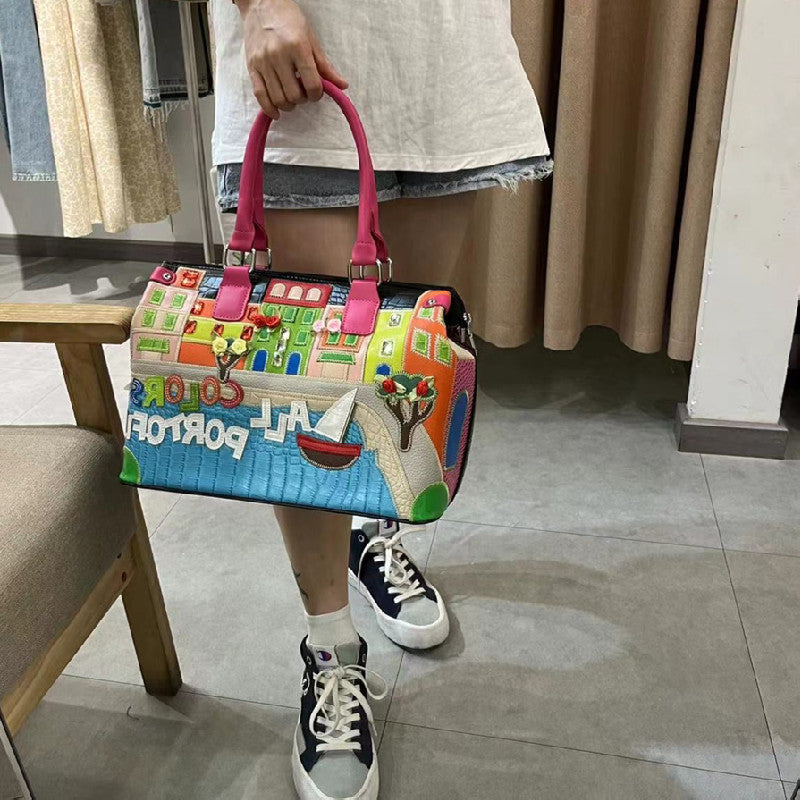 Chh Chrome Heart Leather Bag Embroidered Cartoon Shoulder Bag Crossbody Bag