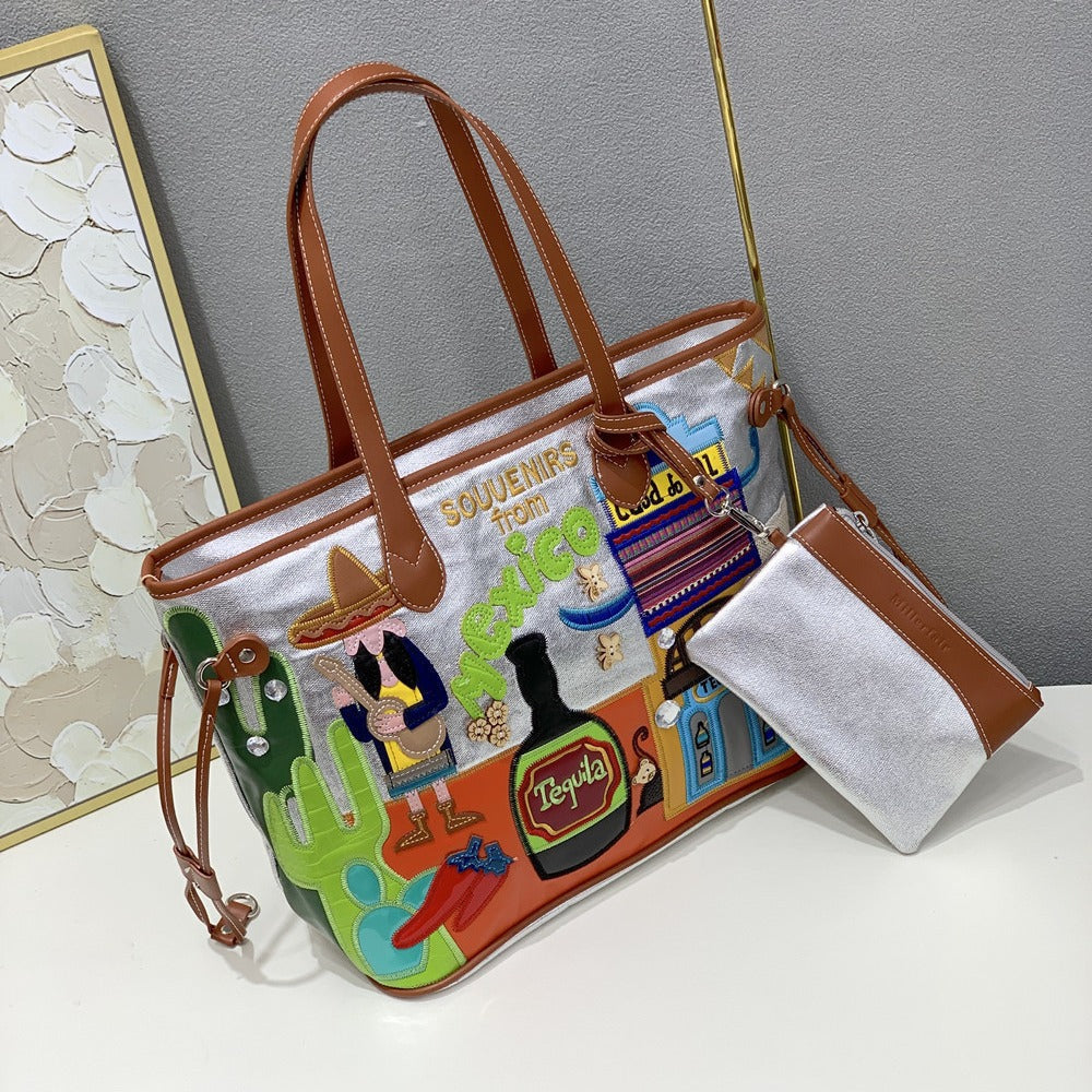 Chh Chrome Heart Leather Bag Splicing Embroidered Shoulder Bag